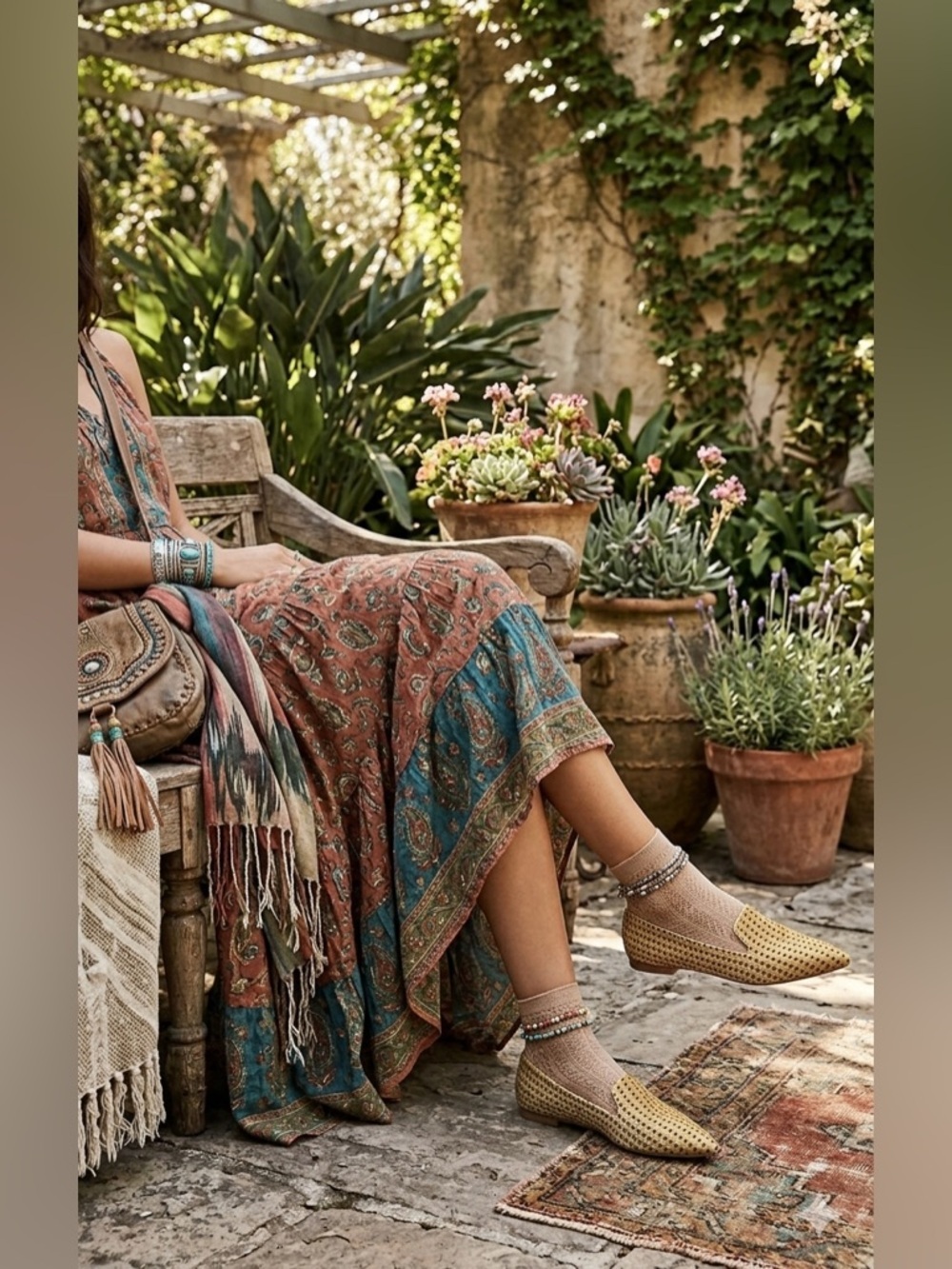 Anthropologie Velvet Loafers Boho Paisley Maxi Dress in Rust & Teal size 8.5 New
